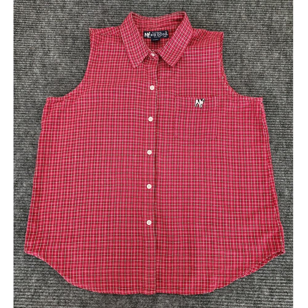 Vintage Big Dogs Womens XL Sleeveless Red Plaid Button Up Blouse